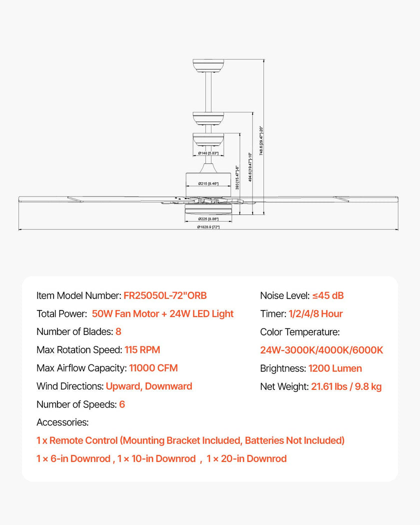 VEVOR 72In Ceiling Fan with Light 6-Speed Remote Control Reversible Motor Coffee