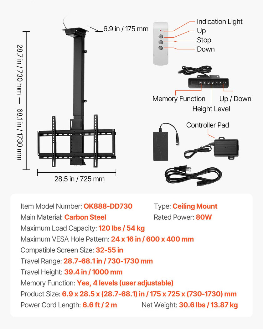 VEVOR Motorized Ceiling TV Mount 32-55 in Screen Electric Adjustable TV Mount