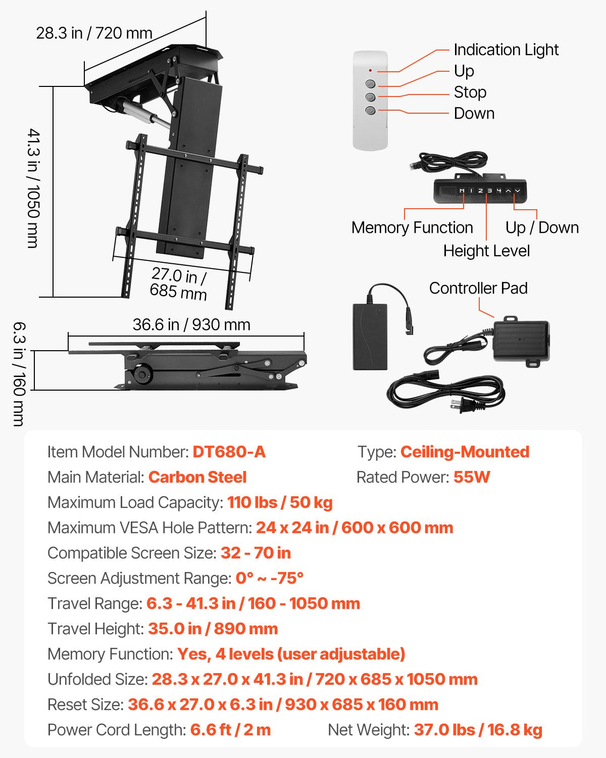 VEVOR Motorized Ceiling TV Mount Electric Flip Down TV Mount for 32-70 in Screen