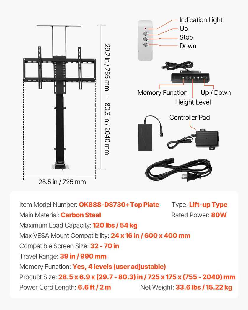 VEVOR Motorized TV Lift Stand Mount Bracket with Remote Control for 32-70 in TV