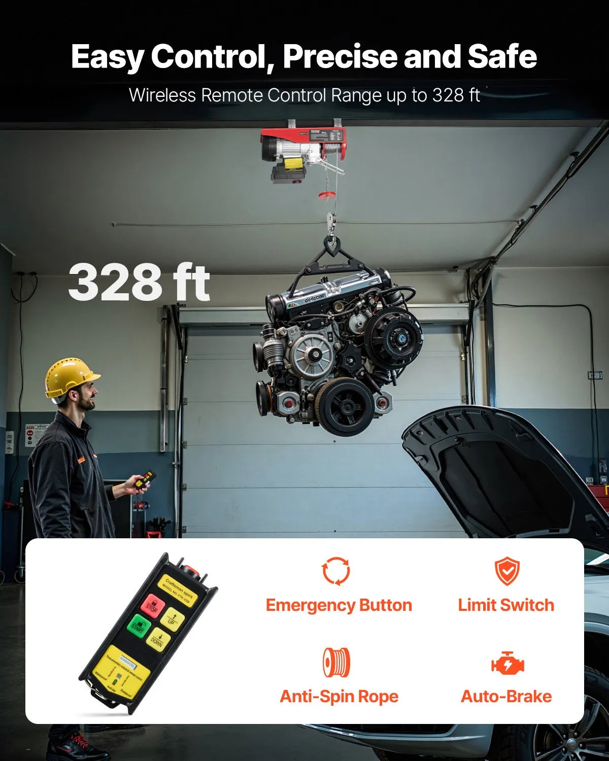 VEVOR Electric Hoist, 440lbs Lifting Capacity, 480W 110V Electric Steel Wire Winch with Wireless Remote Control, 40ft Single Cable Lifting Height & Pure Copper Motor, for Garage Warehouse Factory