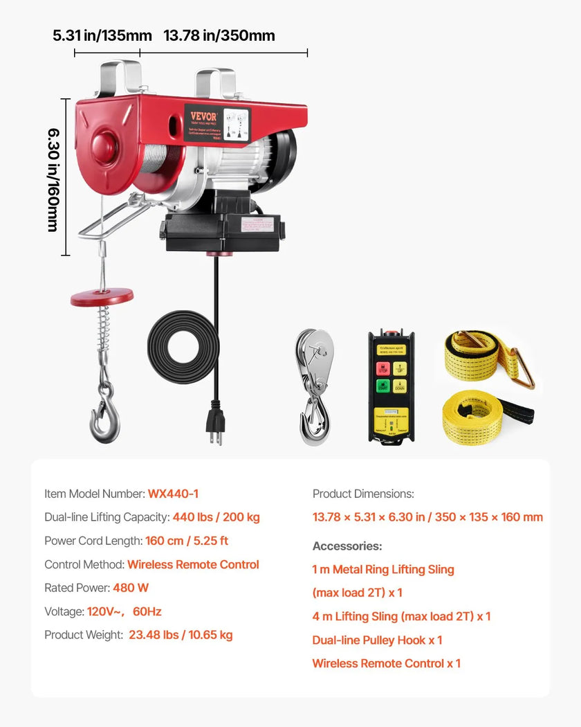 VEVOR Electric Hoist, 440lbs Lifting Capacity, 480W 110V Electric Steel Wire Winch with Wireless Remote Control, 40ft Single Cable Lifting Height & Pure Copper Motor, for Garage Warehouse Factory