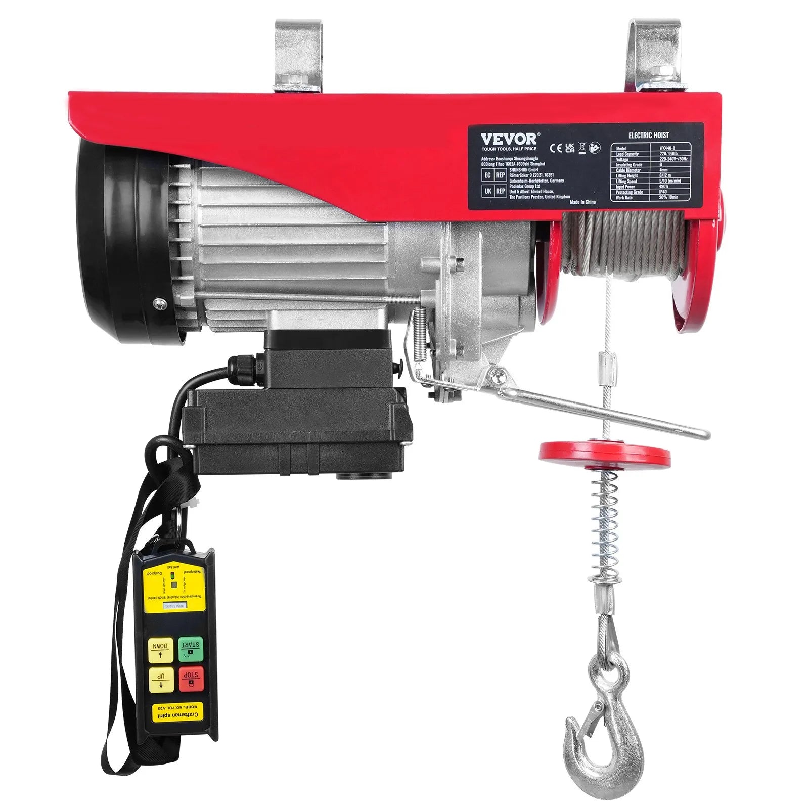 VEVOR Electric Hoist, 440lbs Lifting Capacity, 480W 110V Electric Steel Wire Winch with Wireless Remote Control, 40ft Single Cable Lifting Height & Pure Copper Motor, for Garage Warehouse Factory