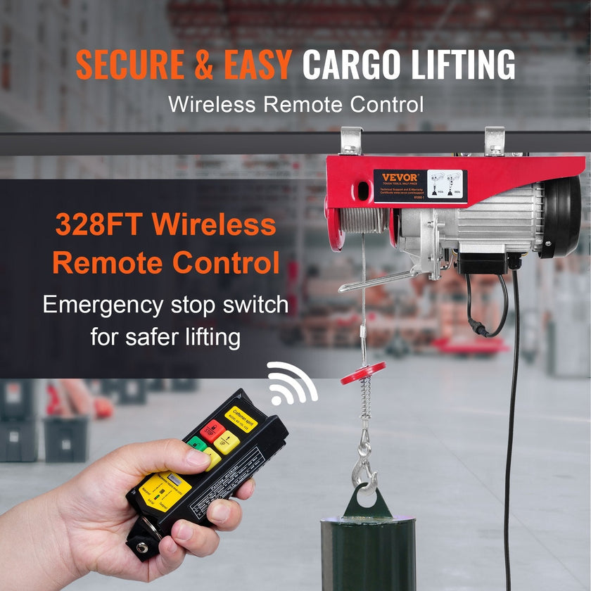 VEVOR Electric Hoist, 880 lbs Lifting Capacity, 850W 110V Electric Steel Wire Winch with Wireless Remote Control, 40ft Single Cable Lifting Height & Pure Copper Motor, for Garage Warehouse Factory