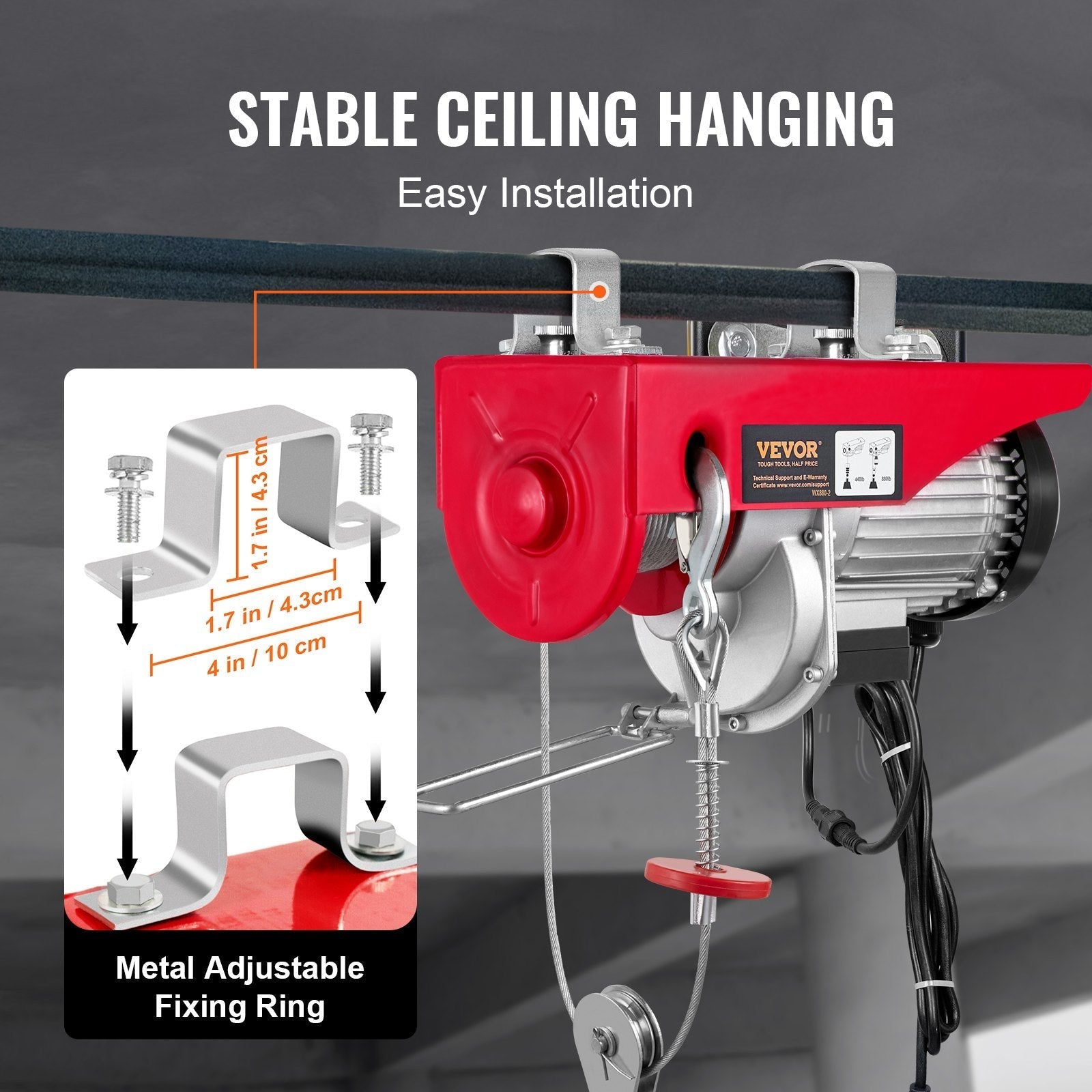 VEVOR Electric Hoist, 880 lbs Lifting Capacity, 850W 110V Electric Steel Wire Winch with Wireless Remote Control, 40ft Single Cable Lifting Height & Pure Copper Motor, for Garage Warehouse Factory