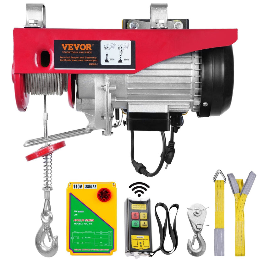 VEVOR Electric Hoist, 880 lbs Lifting Capacity, 850W 110V Electric Steel Wire Winch with Wireless Remote Control, 40ft Single Cable Lifting Height & Pure Copper Motor, for Garage Warehouse Factory
