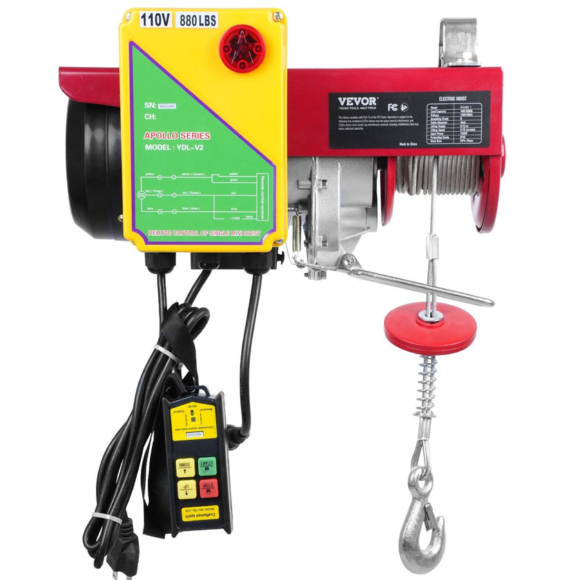 VEVOR Electric Hoist, 880 lbs Lifting Capacity, 850W 110V Electric Steel Wire Winch with Wireless Remote Control, 40ft Single Cable Lifting Height & Pure Copper Motor, for Garage Warehouse Factory