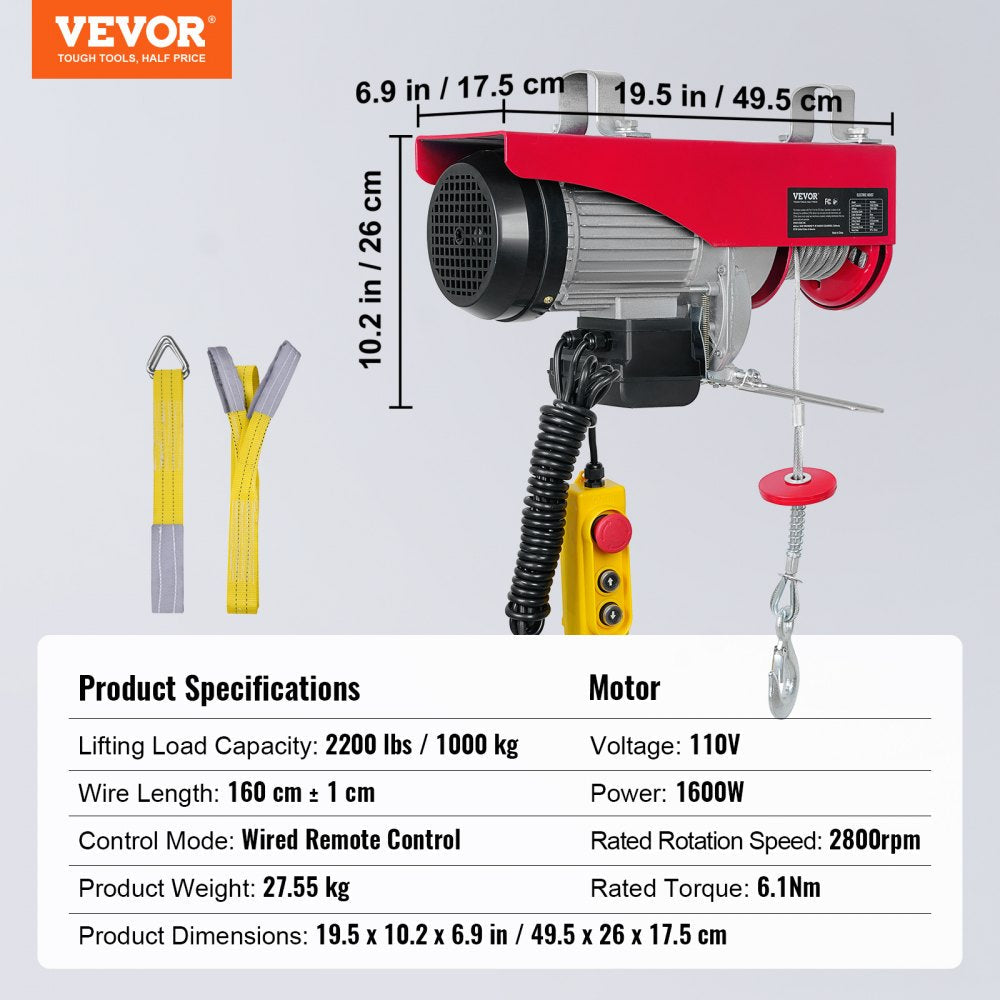 VEVOR Electric Hoist, 2200 lbs Lifting Capacity, 1600W 110V Electric Steel Wire Winch with 14ft Wired Remote Control, 40ft Single Cable Lifting Height & Pure Copper Motor, for Garage Warehouse Factory