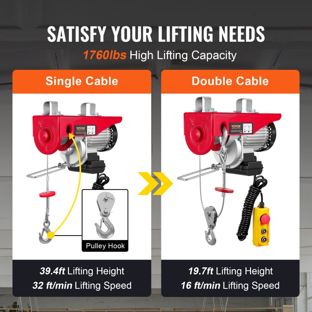 VEVOR Electric Hoist, 1760 lbs Lifting Capacity, 1450W 110V Electric Steel Wire Winch with 14ft Wired Remote Control, 40ft Single Cable Lifting Height & Pure Copper Motor, for Garage Warehouse Factory