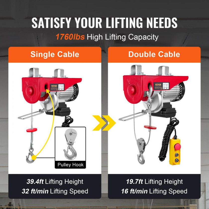 VEVOR Electric Hoist, 1760 lbs Lifting Capacity, 1450W 110V Electric Steel Wire Winch with 14ft Wired Remote Control, 40ft Single Cable Lifting Height & Pure Copper Motor, for Garage Warehouse Factory