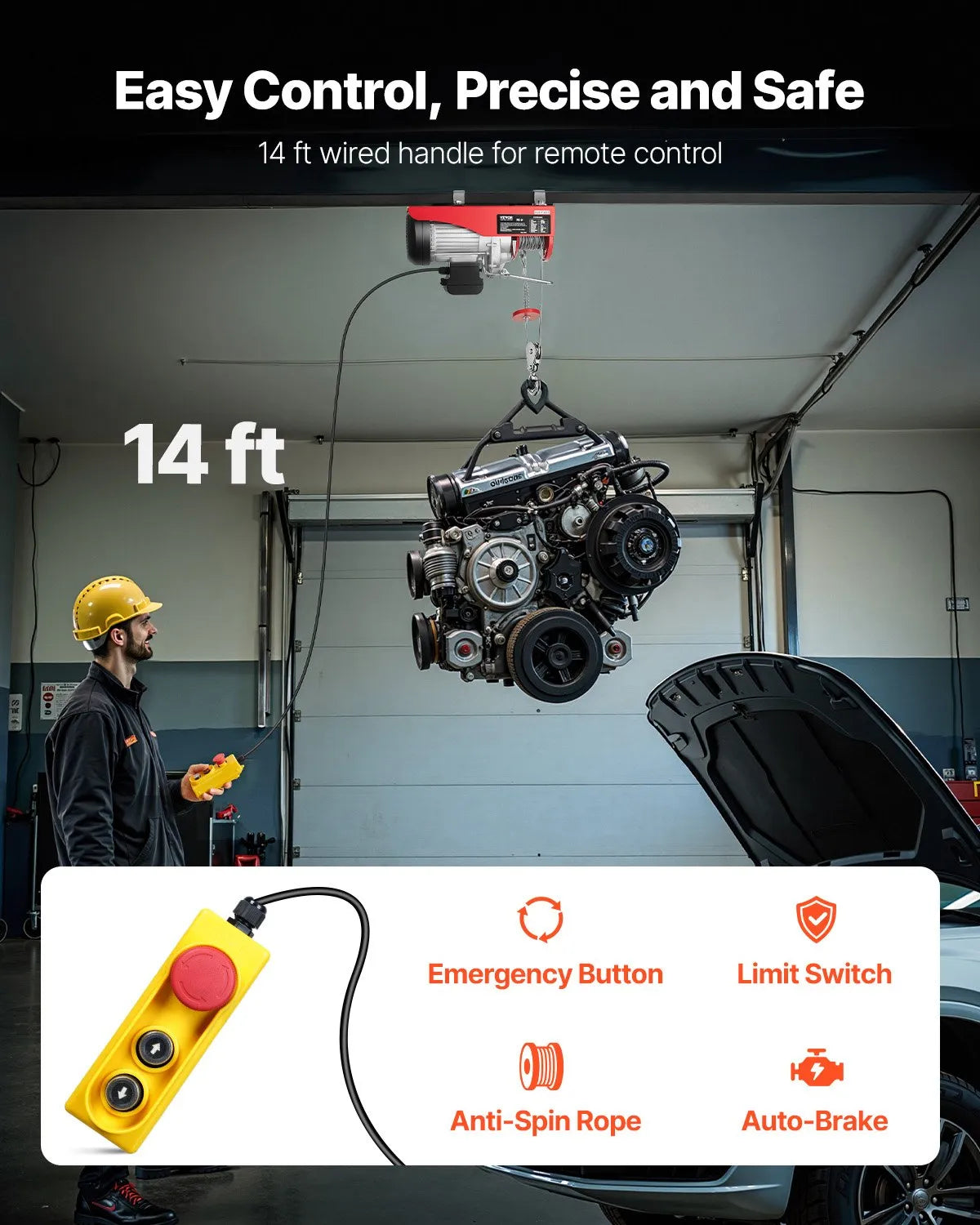 VEVOR Electric Hoist, 880 lbs Lifting Capacity, 850W 110V Electric Steel Wire Winch with 14ft Wired Remote Control, 40ft Single Cable Lifting Height & Pure Copper Motor, for Garage Warehouse Factory