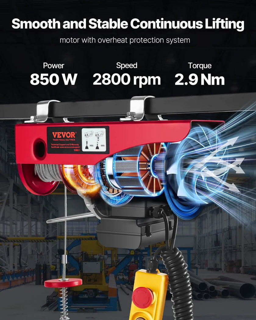 VEVOR Electric Hoist, 880 lbs Lifting Capacity, 850W 110V Electric Steel Wire Winch with 14ft Wired Remote Control, 40ft Single Cable Lifting Height & Pure Copper Motor, for Garage Warehouse Factory