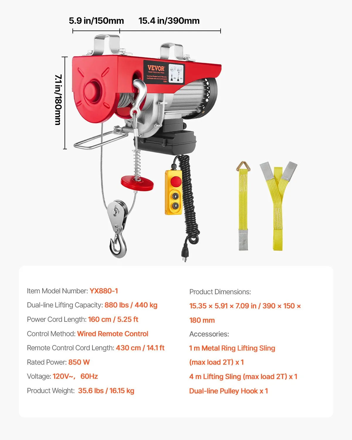 VEVOR Electric Hoist, 880 lbs Lifting Capacity, 850W 110V Electric Steel Wire Winch with 14ft Wired Remote Control, 40ft Single Cable Lifting Height & Pure Copper Motor, for Garage Warehouse Factory