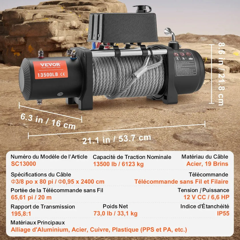 VEVOR Electric Winch Truck 13,500 lb Steel Cable IP65 Waterproof Remote Control