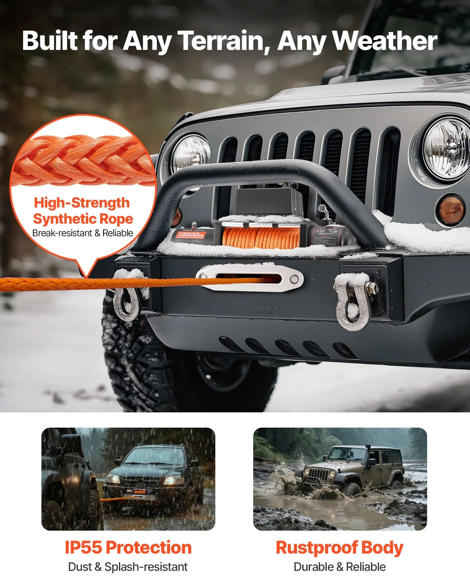 VEVOR Electric Winch Truck 13,500 lb Synthetic Rope Waterproof Remote Control