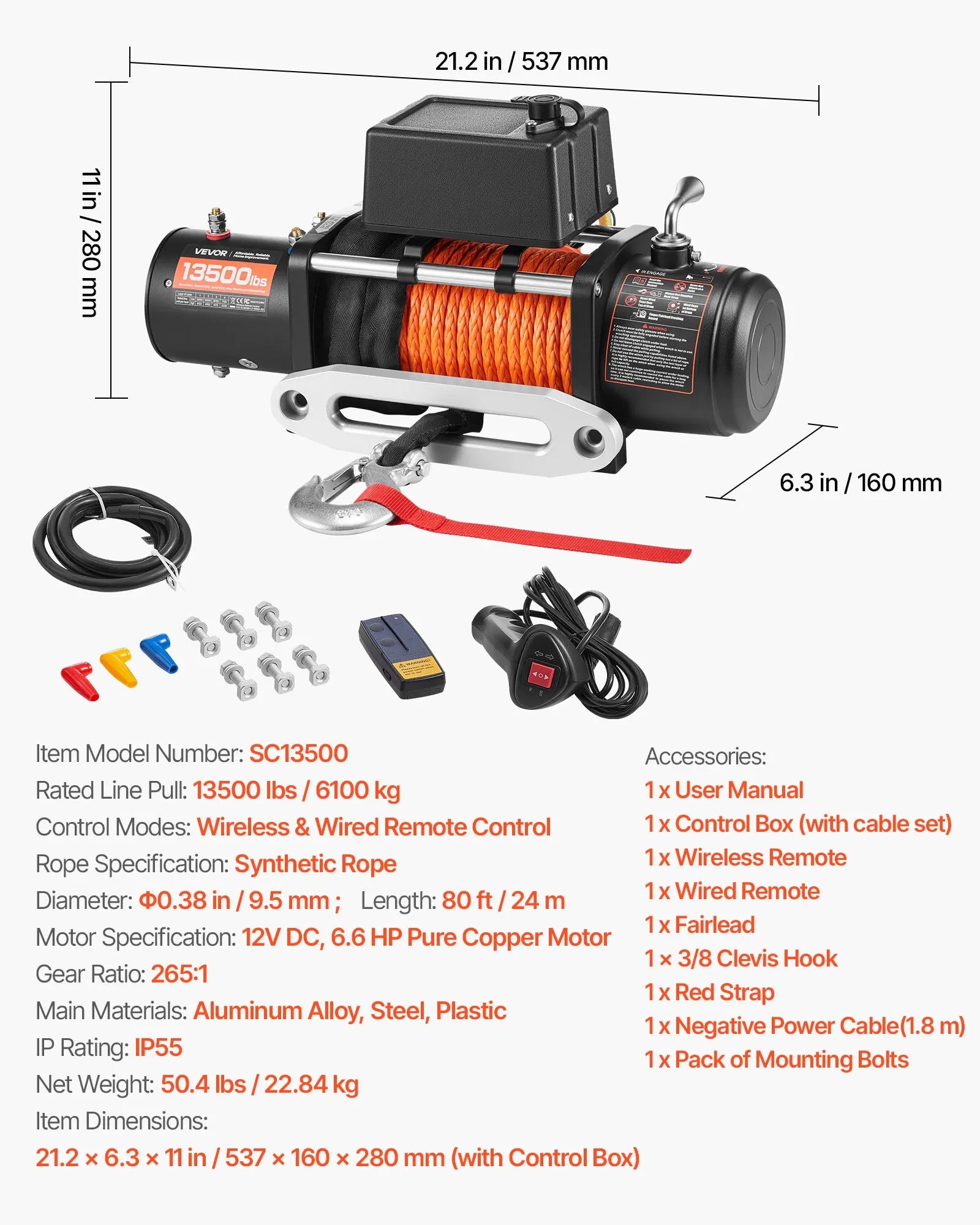 VEVOR Electric Winch Truck 13,500 lb Synthetic Rope Waterproof Remote Control