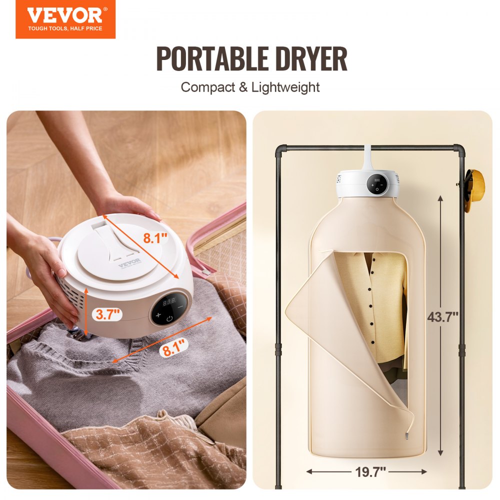 VEVOR Portable Clothes Dryer PTC Heating & LED Display Dryer Bag 5-H Timer 600W