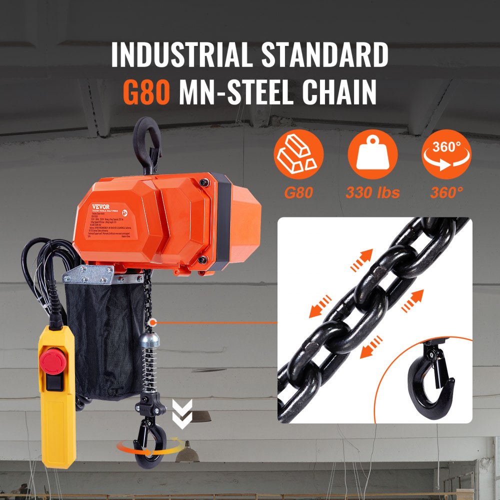 VEVOR Electric Chain Hoist, 330 lbs Load Capacity, 10 ft Lifting Height, 10 ft/min Speed, 120V, Single Phase Overhead Crane with G80 Chain, 10 ft Wired Remote Control for Garage, Shop, Hotel, and Home