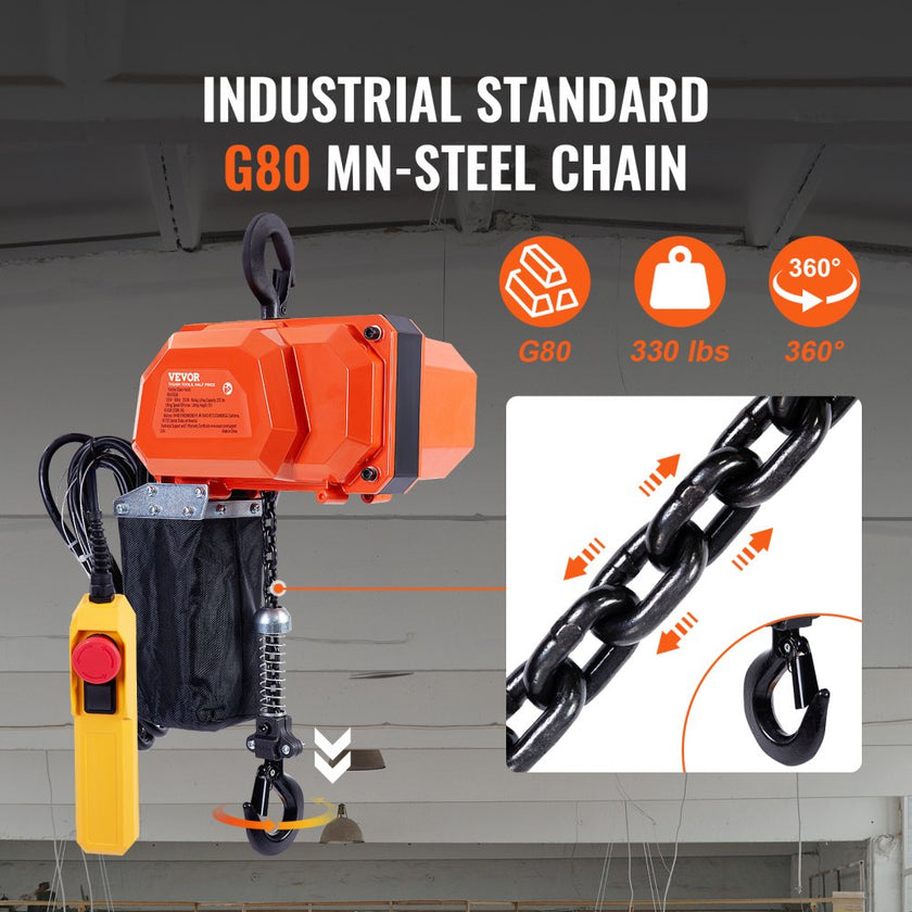 VEVOR Electric Chain Hoist, 330 lbs Load Capacity, 10 ft Lifting Height, 10 ft/min Speed, 120V, Single Phase Overhead Crane with G80 Chain, 10 ft Wired Remote Control for Garage, Shop, Hotel, and Home