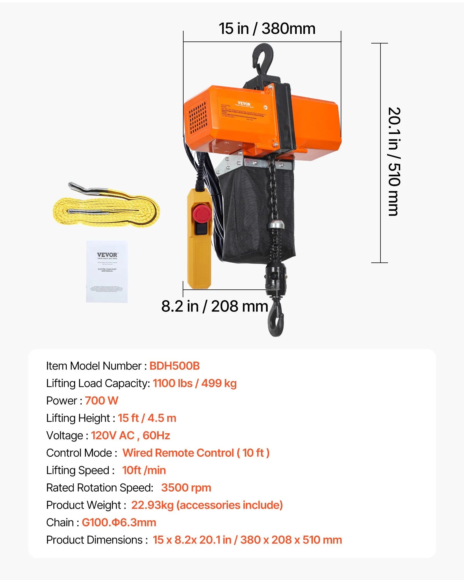 VEVOR Electric Chain Hoist, 1100 lbs Load Capacity, 15 ft Lifting Height, 10 ft/min Speed, 120V, Single Phase Overhead Crane with G100 Chain, 10 ft Wired Remote Control for Garage, Shop, Hotel, Home