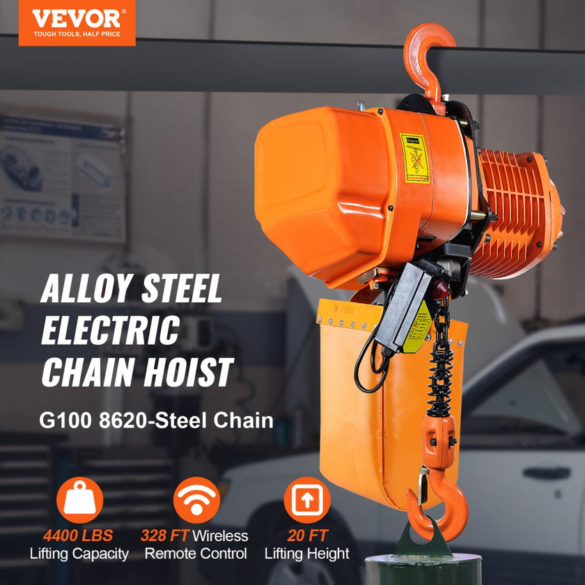 VEVOR Electric Chain Hoist, 4400 lbs/2 ton Capacity, 20 ft Lifting Height, 26 ft/min Speed, 220V, Three Phase Overhead Crane with G100 Chain, Wireless Remote Control for Garage, Shop, Hotel, and Home