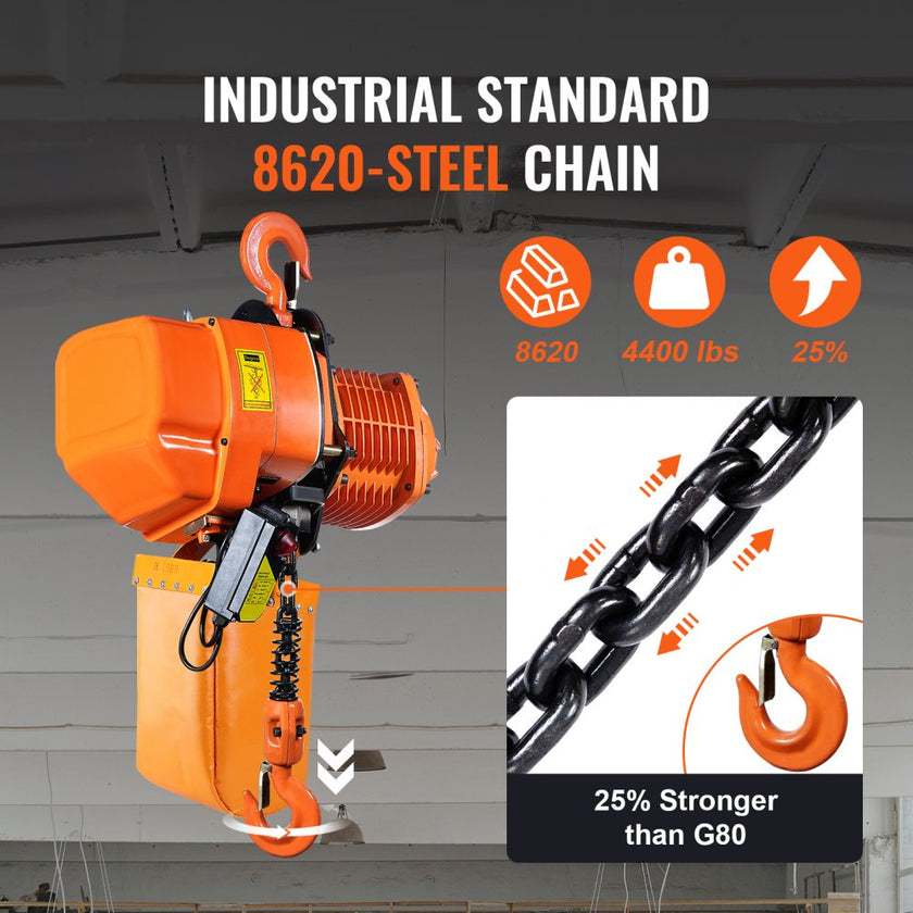 VEVOR Electric Chain Hoist, 4400 lbs/2 ton Capacity, 20 ft Lifting Height, 26 ft/min Speed, 220V, Three Phase Overhead Crane with G100 Chain, Wireless Remote Control for Garage, Shop, Hotel, and Home