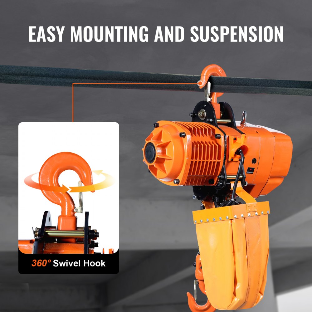 VEVOR Electric Chain Hoist, 4400 lbs/2 ton Capacity, 20 ft Lifting Height, 26 ft/min Speed, 220V, Three Phase Overhead Crane with G100 Chain, Wireless Remote Control for Garage, Shop, Hotel, and Home