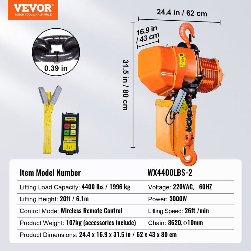 VEVOR Electric Chain Hoist, 4400 lbs/2 ton Capacity, 20 ft Lifting Height, 26 ft/min Speed, 220V, Three Phase Overhead Crane with G100 Chain, Wireless Remote Control for Garage, Shop, Hotel, and Home