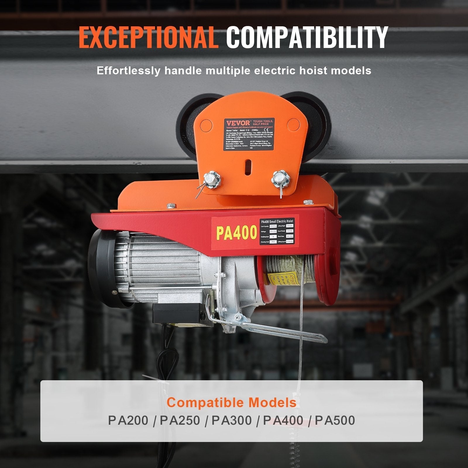 VEVOR Electric Hoist Manual Trolley, 1100 lbs/0.5 Ton Capacity for PA200 PA250 PA300 PA400 PA500, Push Beam Trolley with Dual Wheels, 2.36