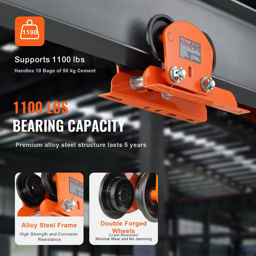 VEVOR Electric Hoist Manual Trolley, 1100 lbs/0.5 Ton Capacity for PA200 PA250 PA300 PA400 PA500, Push Beam Trolley with Dual Wheels, 2.36