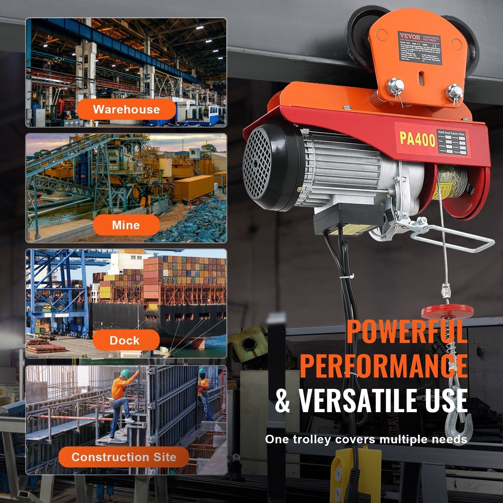 VEVOR Electric Hoist Manual Trolley, 1100 lbs/0.5 Ton Capacity for PA200 PA250 PA300 PA400 PA500, Push Beam Trolley with Dual Wheels, 2.36