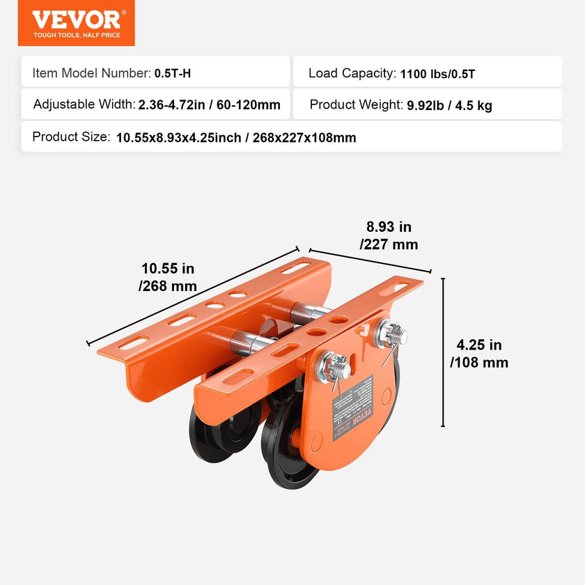 VEVOR Electric Hoist Manual Trolley, 1100 lbs/0.5 Ton Capacity for PA200 PA250 PA300 PA400 PA500, Push Beam Trolley with Dual Wheels, 2.36