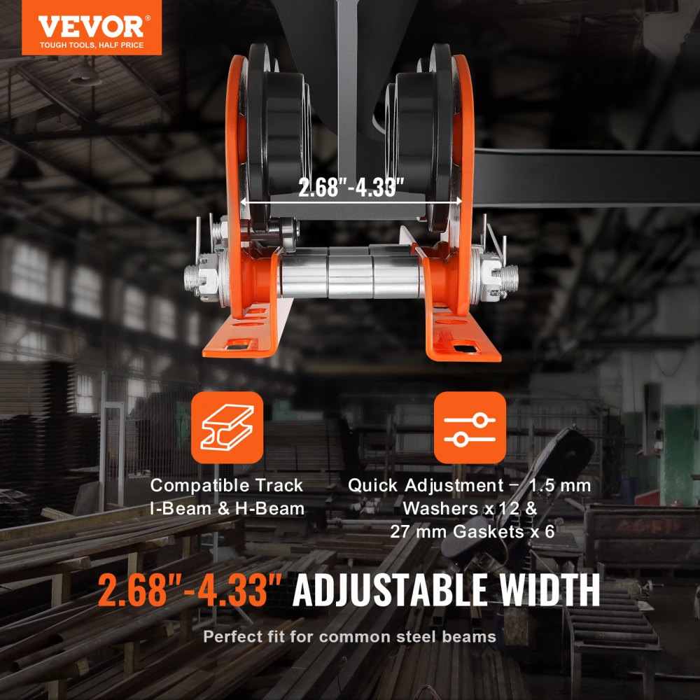 VEVOR Electric Hoist Manual Trolley, 2200 lbs/1 Ton Capacity for PA200 PA250 PA300 PA400 PA500, Push Beam Trolley with Dual Wheels, 2.68