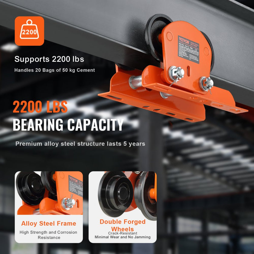 VEVOR Electric Hoist Manual Trolley, 2200 lbs/1 Ton Capacity for PA200 PA250 PA300 PA400 PA500, Push Beam Trolley with Dual Wheels, 2.68