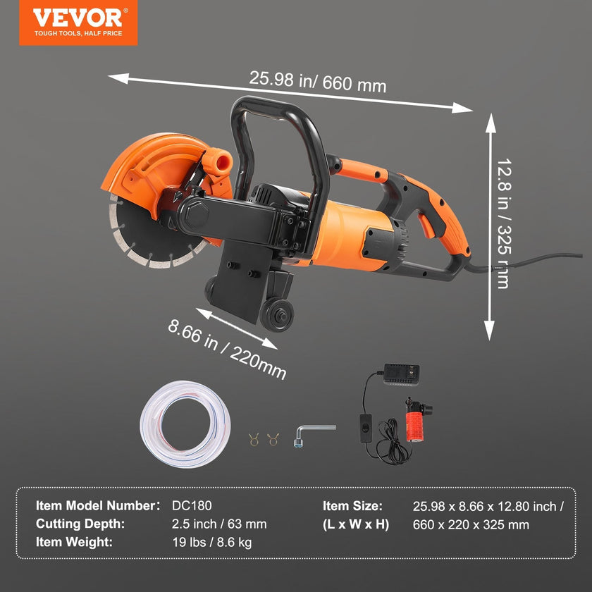 VEVOR Electric Concrete Saw, 7 in Circular Saw Cutter, 2000 W High Power with Max. 2.5 in Cutting Depth, Wet/Dry Disk Saw Cutter Includes Water Line, Pump and Blade, for Stone, Brick