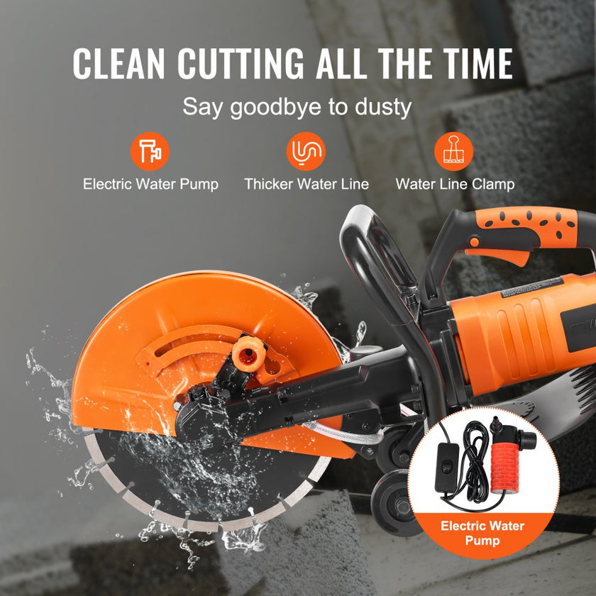 VEVOR Electric Concrete Saw, 12 in, 1800 W 15 A Motor Circular Saw Cutter with Max. 4.5 in Adjustable Cutting Depth, Wet Disk Saw Cutter Includes Water Line, Pump and Blade, for Stone, Brick