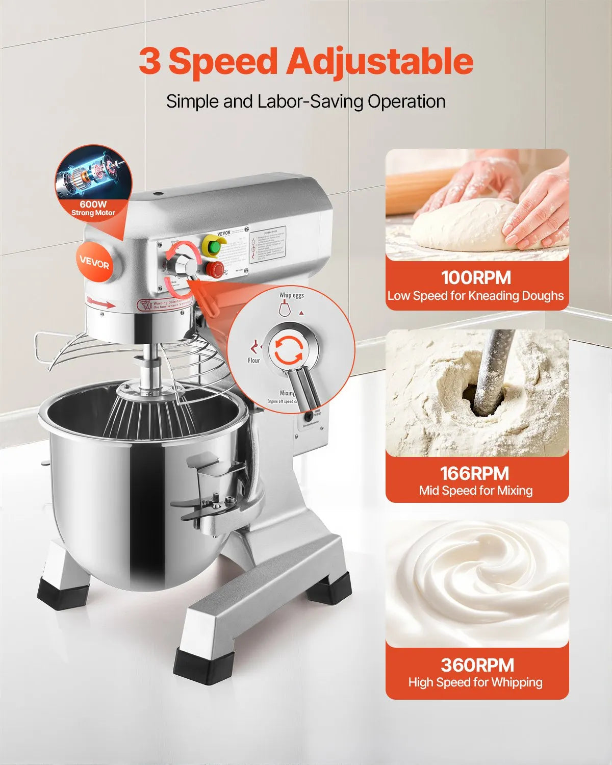 VEVOR Commercial Food Mixer 20Qt 750W 3 Speeds Adjustable 105 180 and 408 RPM Food Processor Heavy Duty with Stainless Steel Bowl Dough Hooks Whisk Beater for Schools Bakeries Restaurants Pizzeria