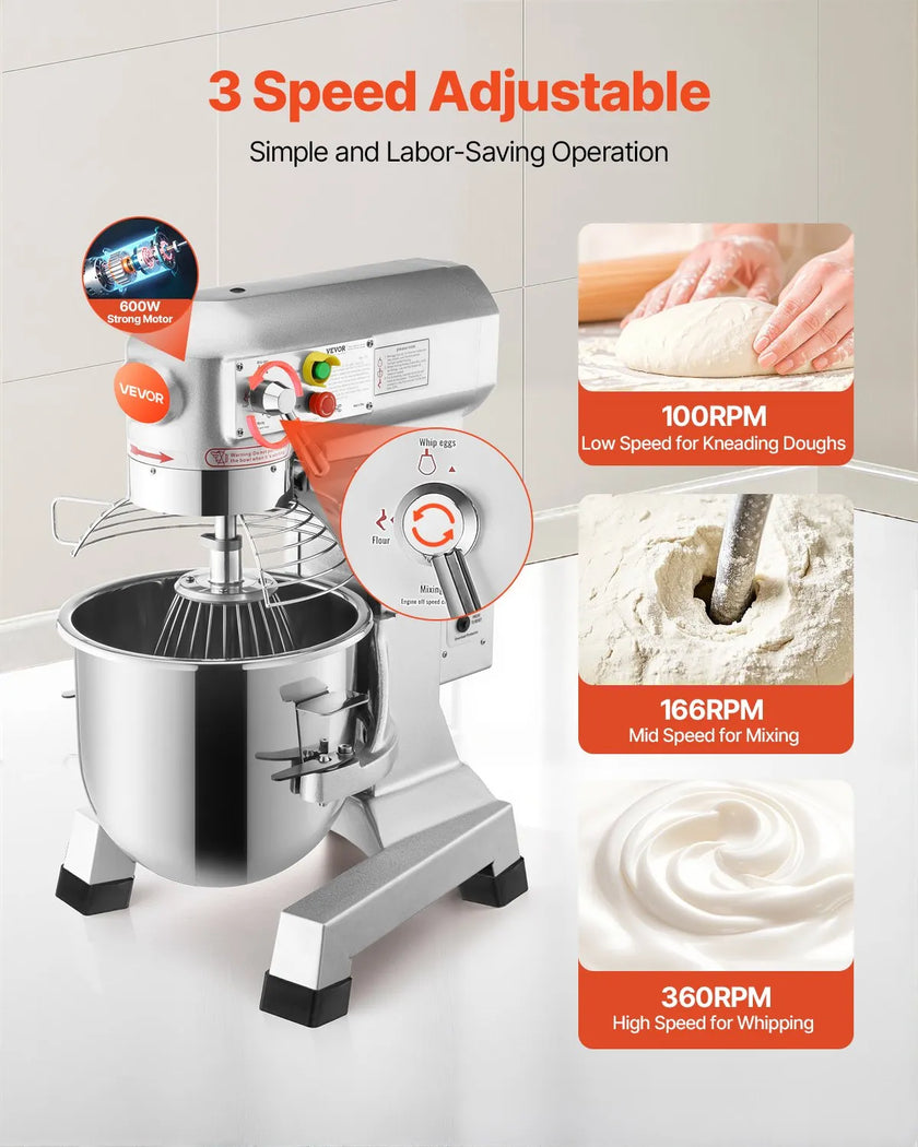 VEVOR Commercial Food Mixer 20Qt 750W 3 Speeds Adjustable 105 180 and 408 RPM Food Processor Heavy Duty with Stainless Steel Bowl Dough Hooks Whisk Beater for Schools Bakeries Restaurants Pizzeria