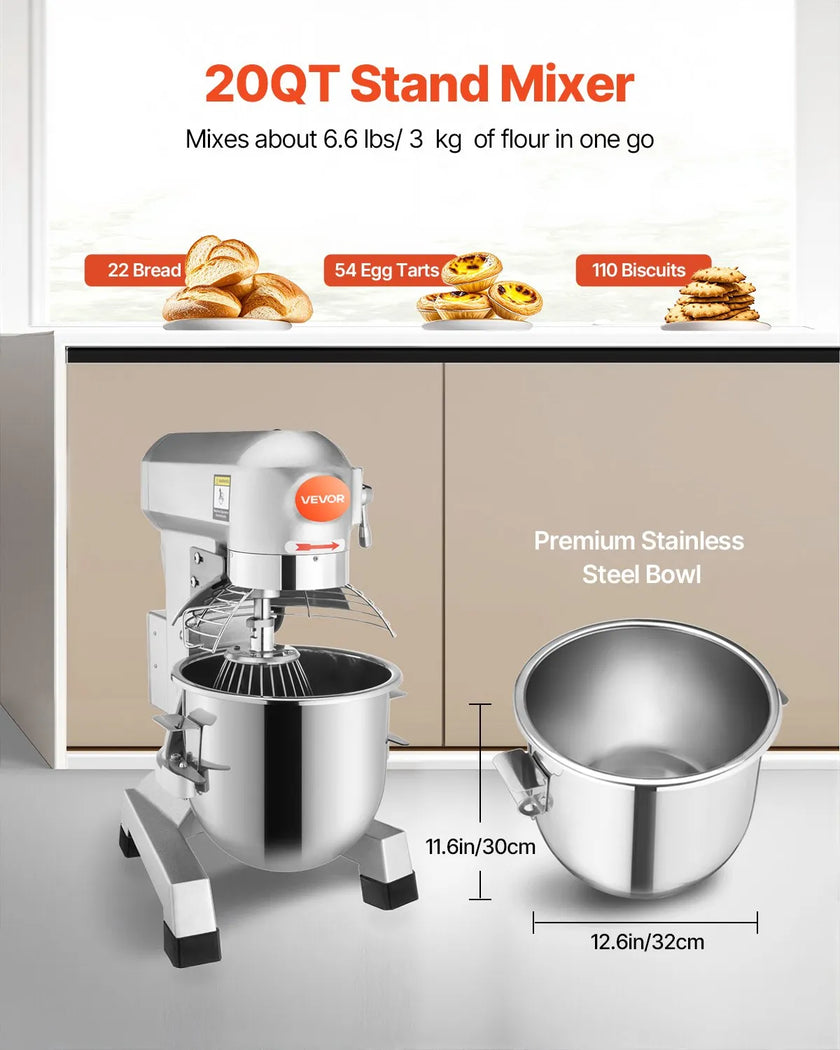 VEVOR Commercial Food Mixer 20Qt 750W 3 Speeds Adjustable 105 180 and 408 RPM Food Processor Heavy Duty with Stainless Steel Bowl Dough Hooks Whisk Beater for Schools Bakeries Restaurants Pizzeria