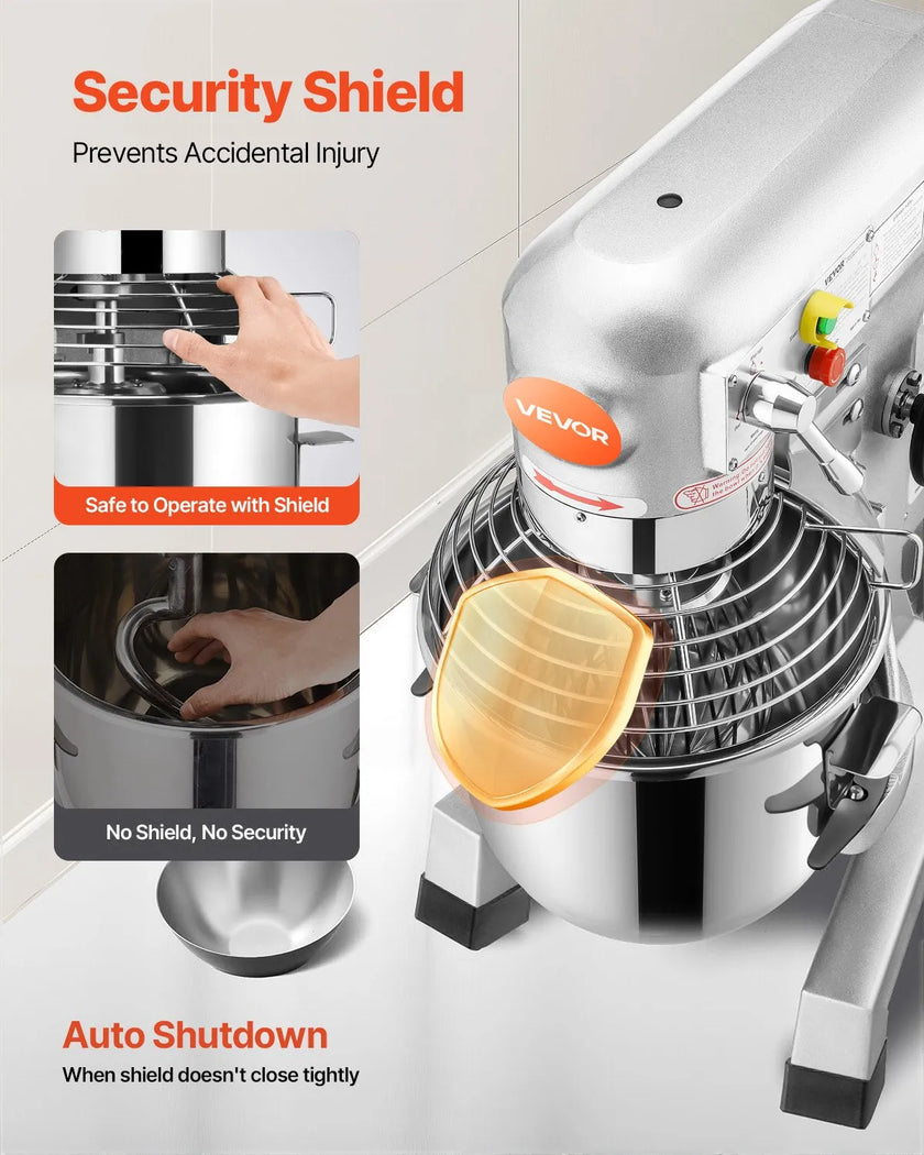 VEVOR Commercial Food Mixer 20Qt 750W 3 Speeds Adjustable 105 180 and 408 RPM Food Processor Heavy Duty with Stainless Steel Bowl Dough Hooks Whisk Beater for Schools Bakeries Restaurants Pizzeria