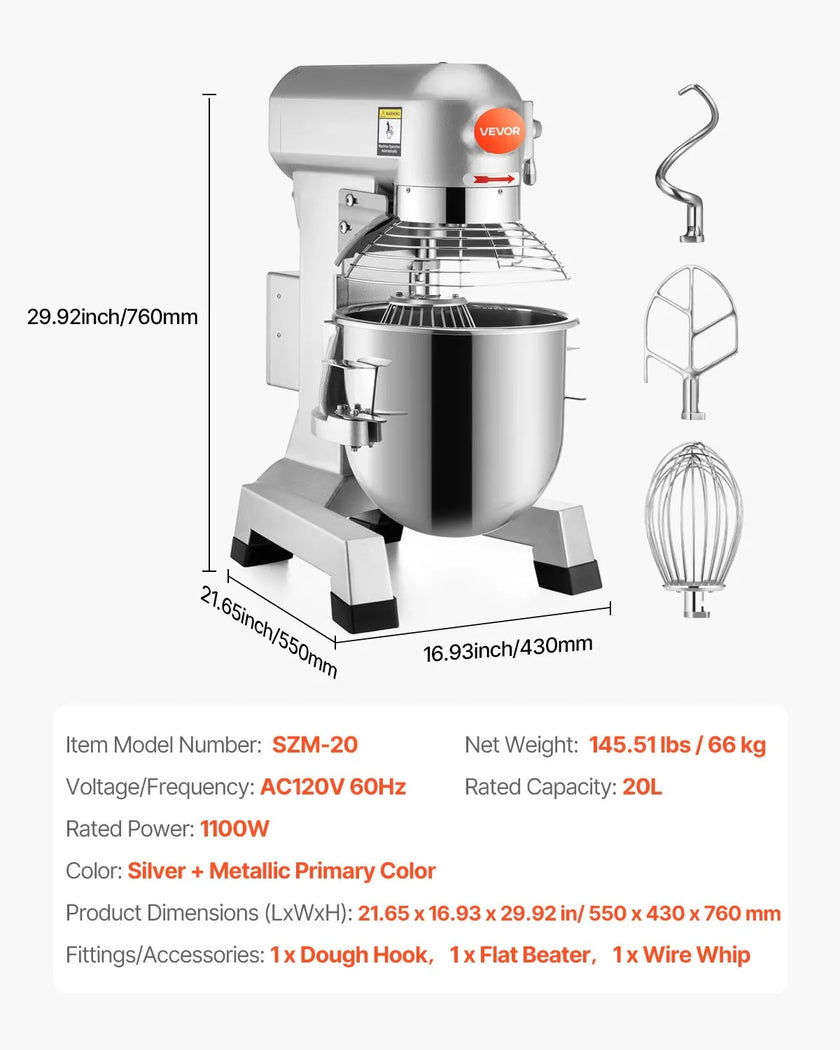 VEVOR Commercial Food Mixer 20Qt 750W 3 Speeds Adjustable 105 180 and 408 RPM Food Processor Heavy Duty with Stainless Steel Bowl Dough Hooks Whisk Beater for Schools Bakeries Restaurants Pizzeria