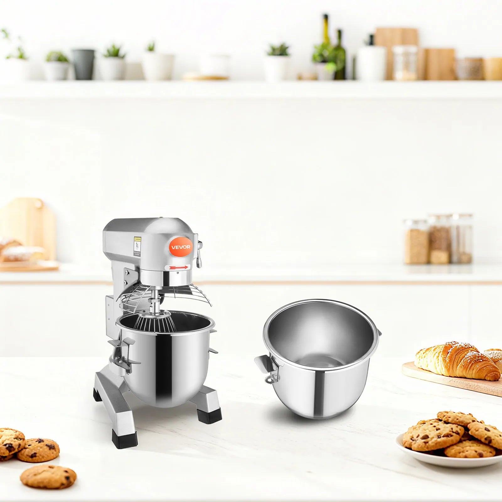 VEVOR Commercial Food Mixer 20Qt 750W 3 Speeds Adjustable 105 180 and 408 RPM Food Processor Heavy Duty with Stainless Steel Bowl Dough Hooks Whisk Beater for Schools Bakeries Restaurants Pizzeria