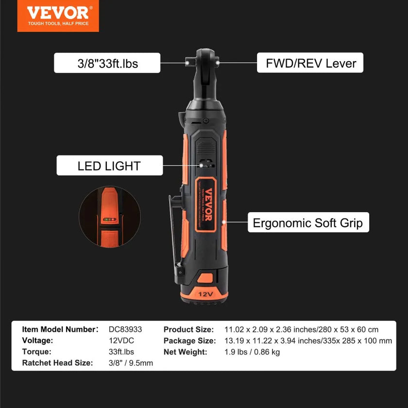 VEVOR Cordless Electric Ratchet Wrench, 3/8