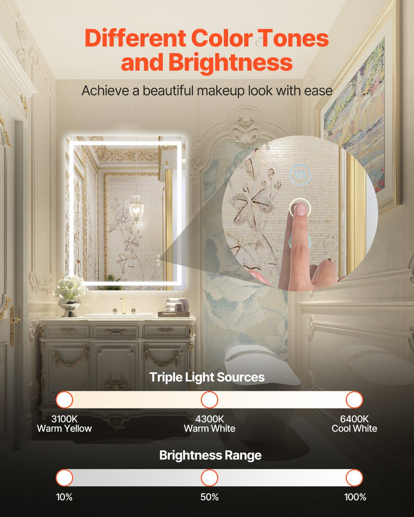 VEVOR LED Bathroom Mirror 3 Colors Anti-fog Wall Mounted Vanity Mirror 28
