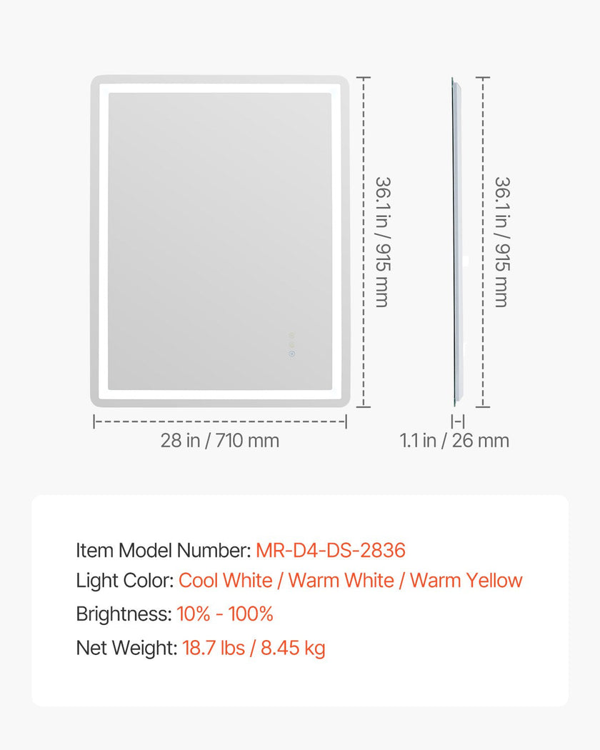 VEVOR LED Bathroom Mirror 3 Colors Anti-fog Wall Mounted Vanity Mirror 28