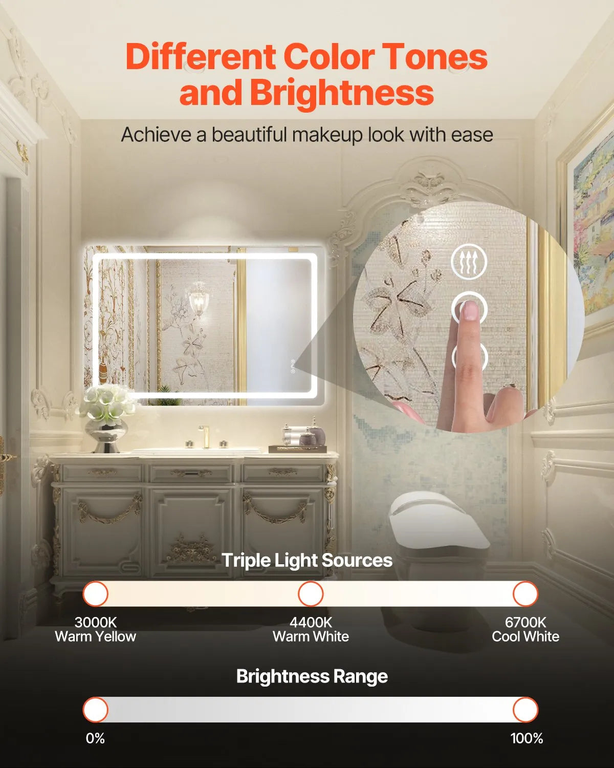 VEVOR LED Bathroom Mirror 3 Colors Anti-fog Wall Mounted Vanity Mirror 32