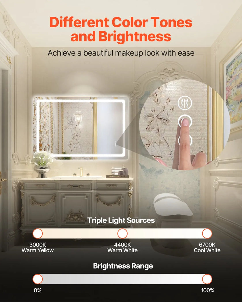 VEVOR LED Bathroom Mirror 3 Colors Anti-fog Wall Mounted Vanity Mirror 32