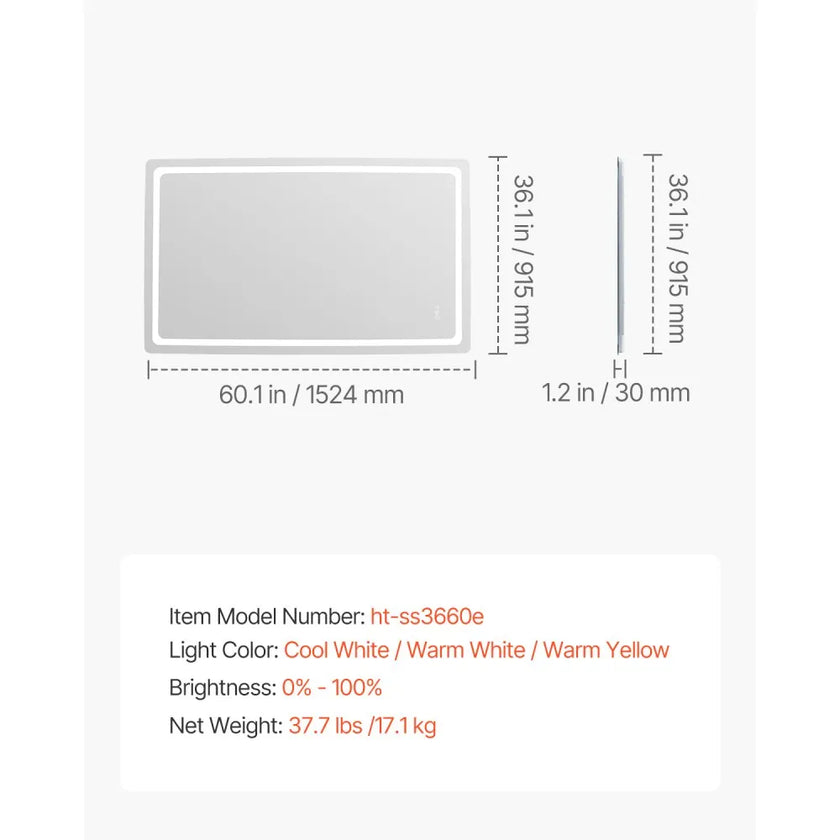 VEVOR LED Bathroom Mirror 3 Colors Anti-fog Wall Mounted Vanity Mirror 36