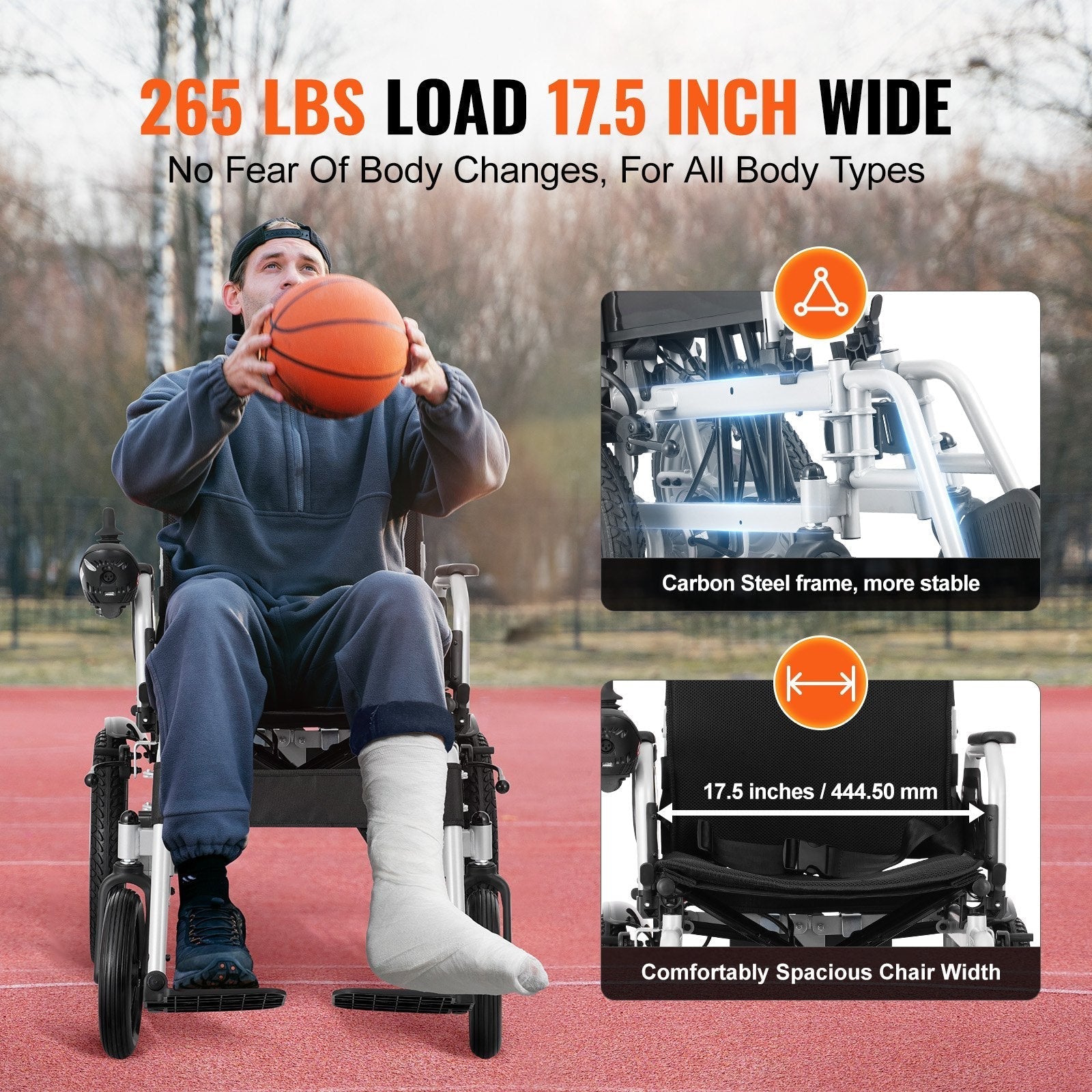 VEVOR Electric Wheelchair for Adults Seniors, 265 lbs Weight Capacity, 17.5in Width Lightweight Foldable Motorized Power Wheelchairs, UP to 12.5Miles Range All Terrain Power Chair, Adjustable Backrest
