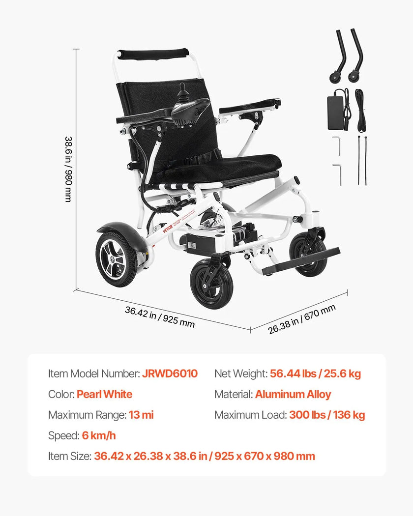 VEVOR Electric Wheelchair 300lbs Capacity Foldable Lightweight 13 Mile